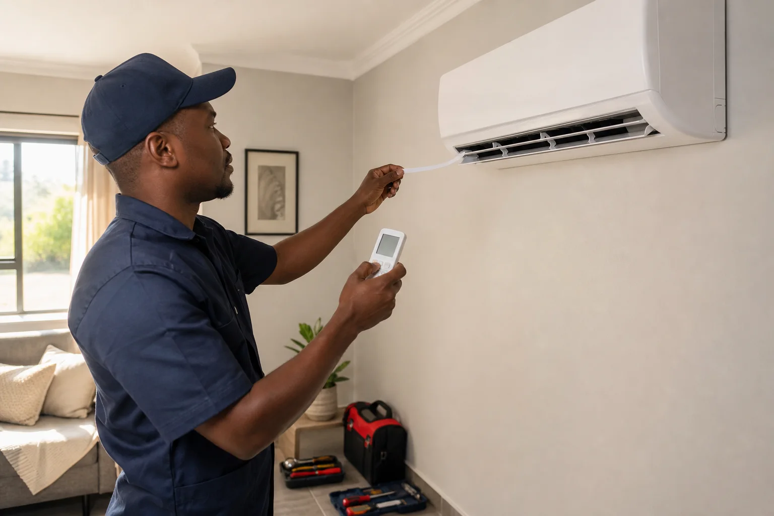 Installer checking a wall aircon with a remote and airflow ribbon