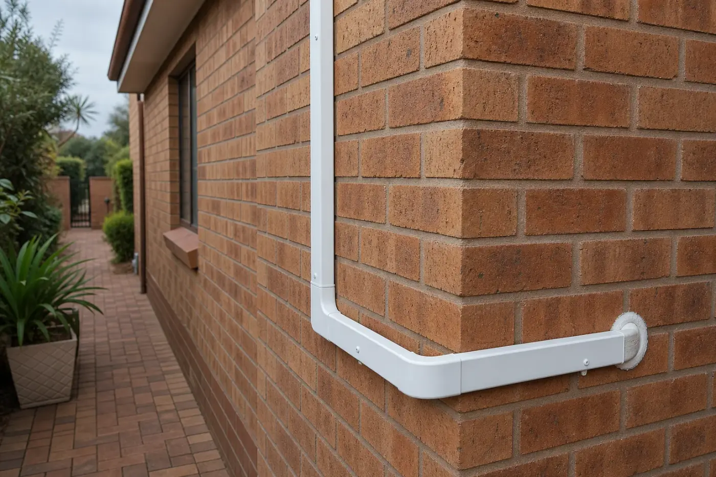 White line-hide trunking routed neatly around an exterior brick corner