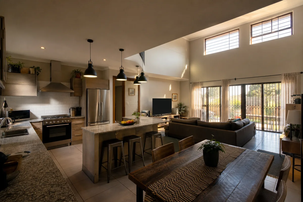 Wide open-plan kitchen and lounge with tall ceiling, large windows and several appliances