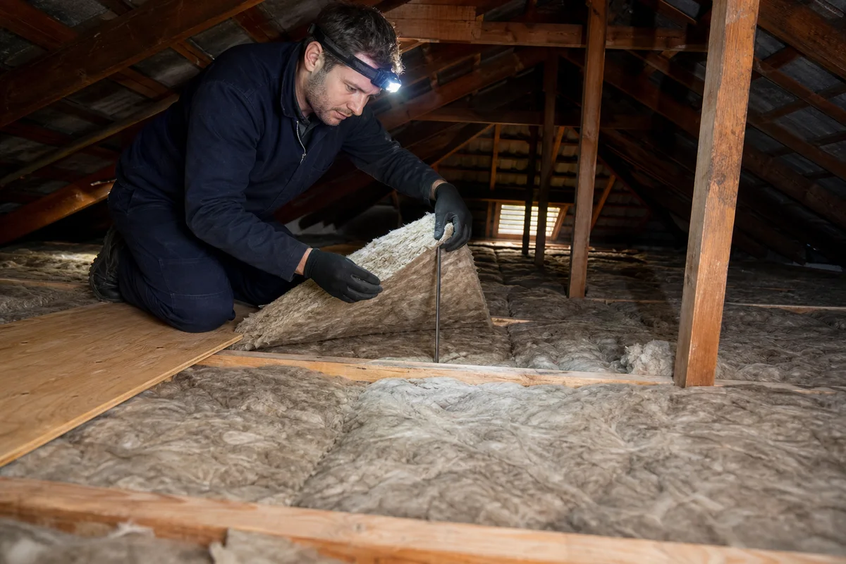Technician checking mineral-wool insulation depth between timber joists in a roof space
