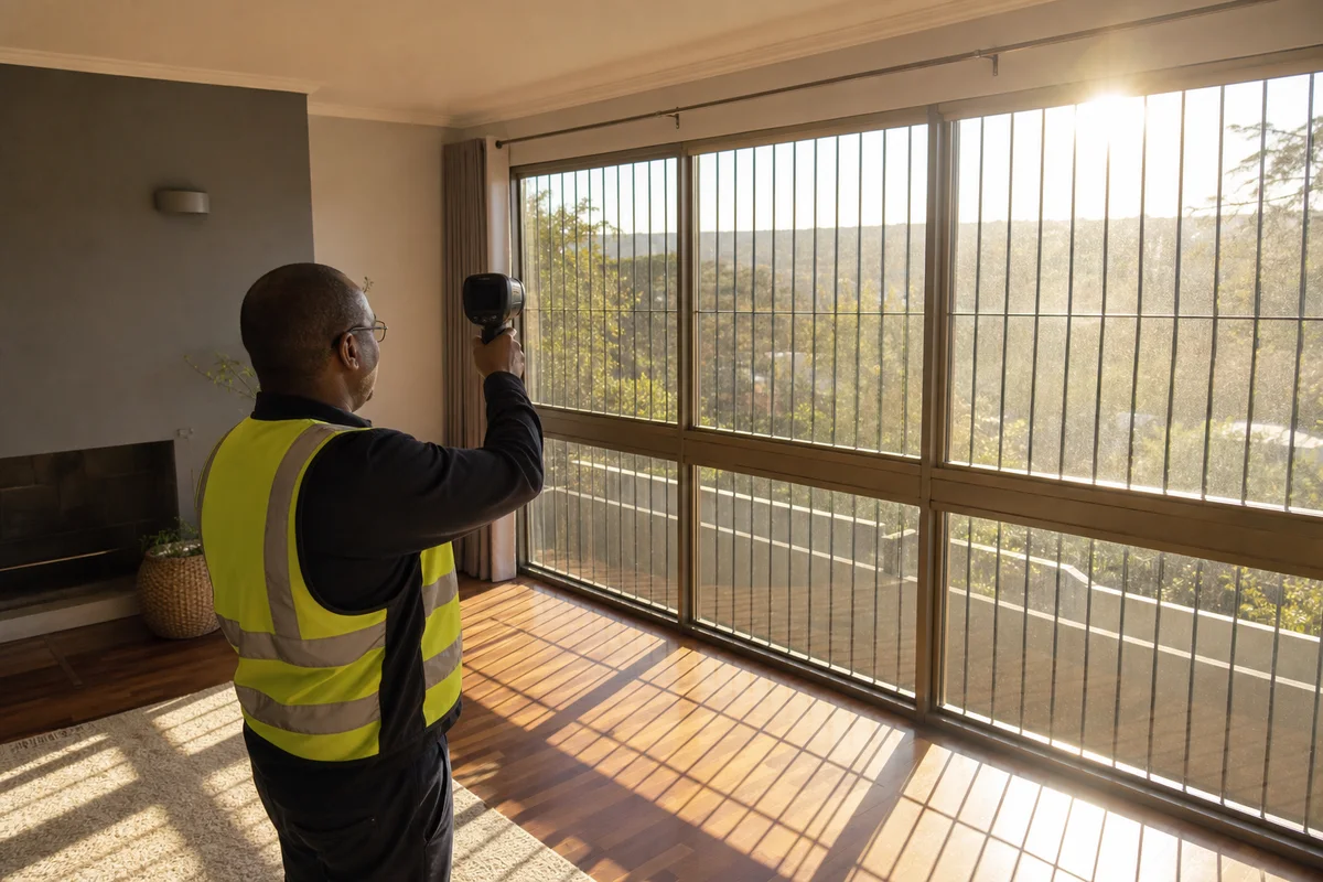 Technician aiming a thermal camera at large west-facing windows in strong afternoon sun